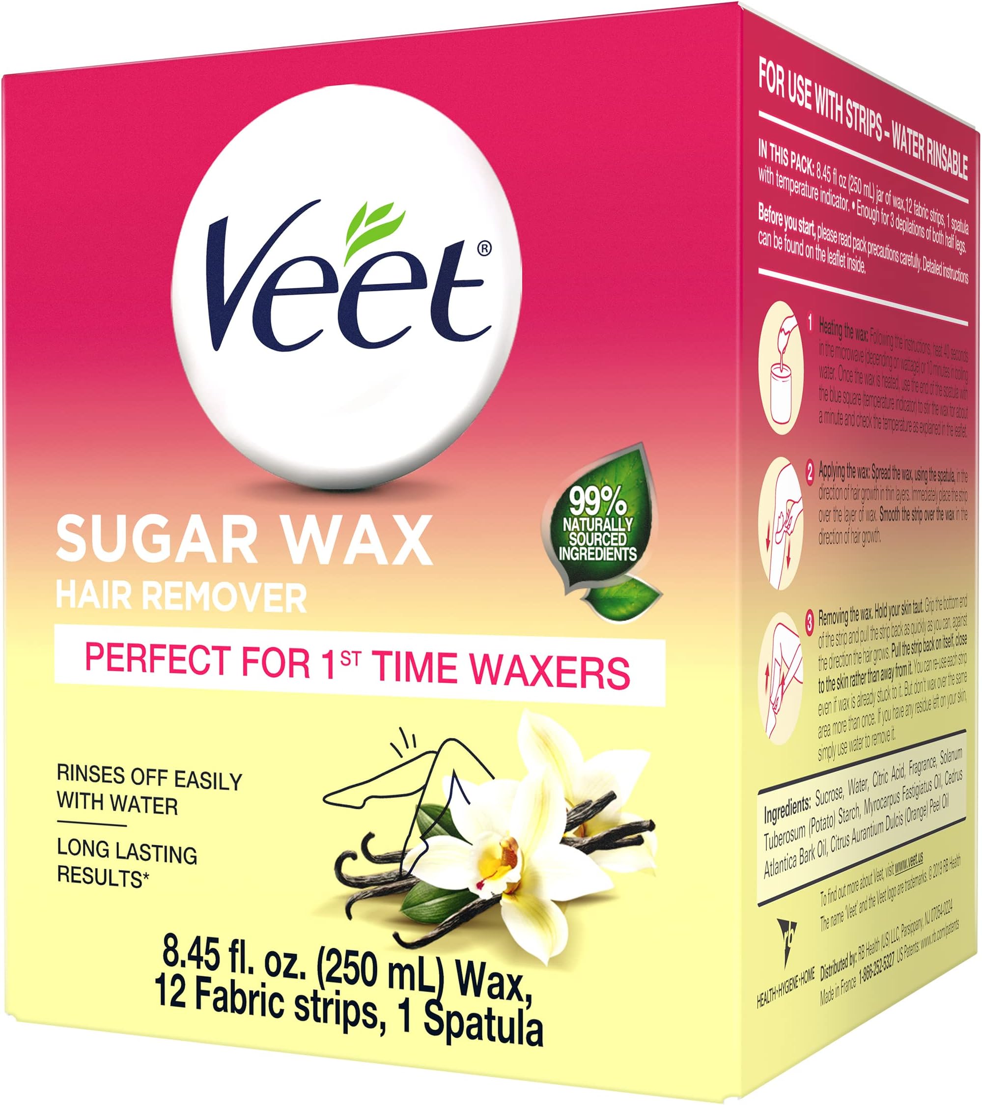 VEET Sugar Wax Hair Remover - Perfect for First Time Waxers - Contains 12 Fabric Strips & 1 Spatula with a Temperature Indicator