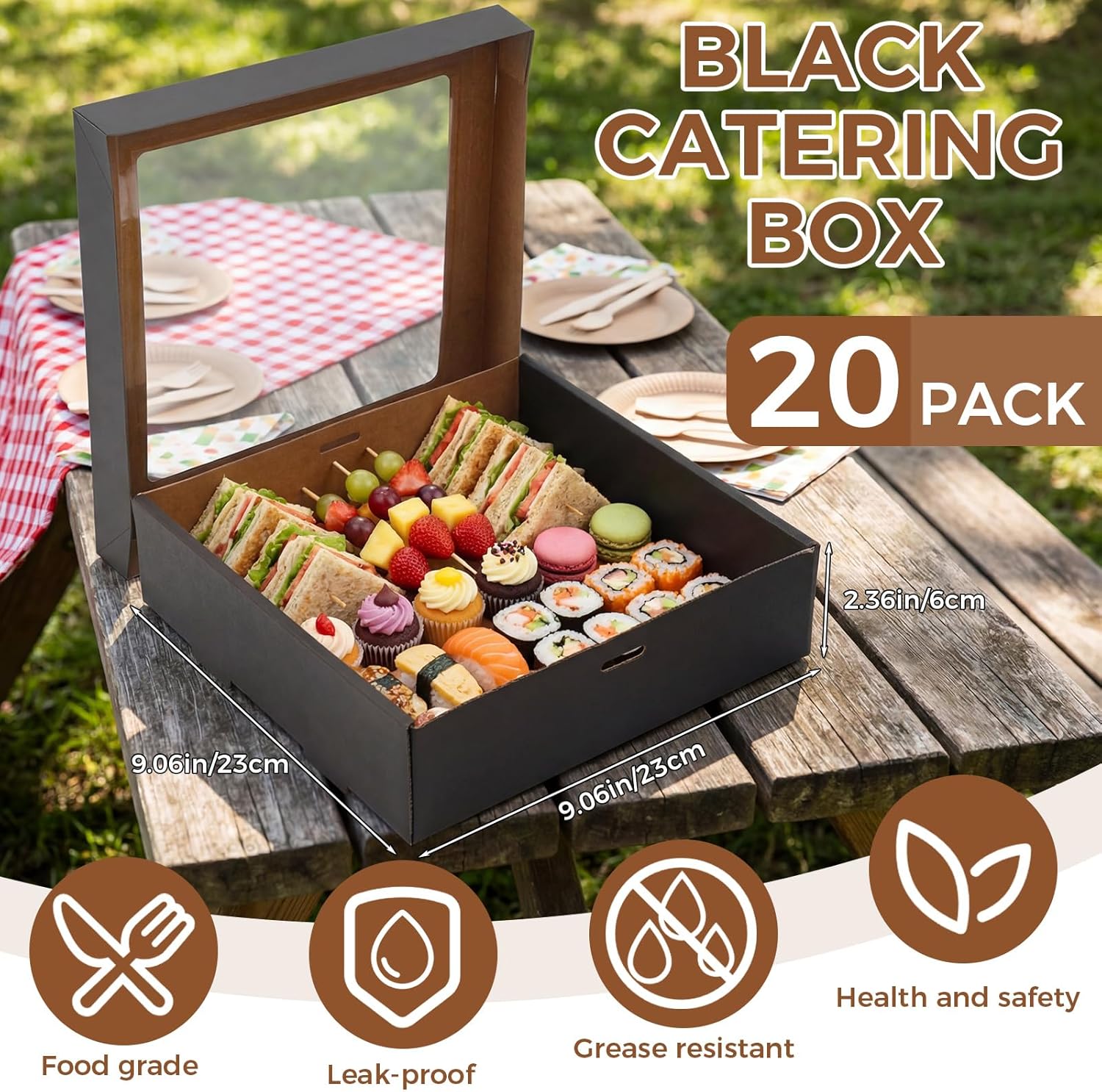 Remerry 20 Pack Black Bakery Boxes with Window Lids, 9.06 x 9.06 x 2.36 Inch Large Cookie Boxes, to Go Paper Food Containers Disposable, Greaseproof Pastry for Charcuterie or Cupcakes