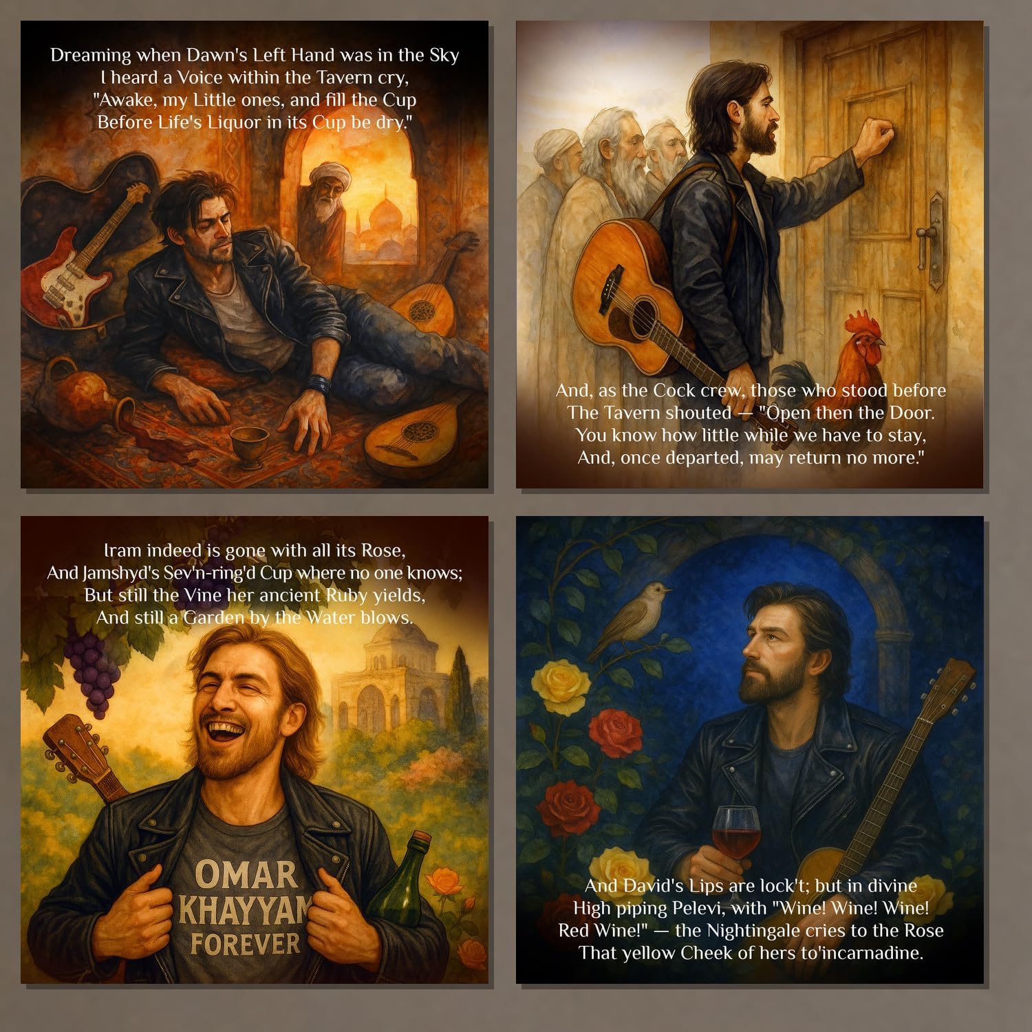 Modern Khayyam Story Fridge Magnets Set ~ Contemporary Characters and Musicians reimagining Omar Khayyam Verses Blending Classic Poetry with Modern Life Emotions Love longing and Philosophical