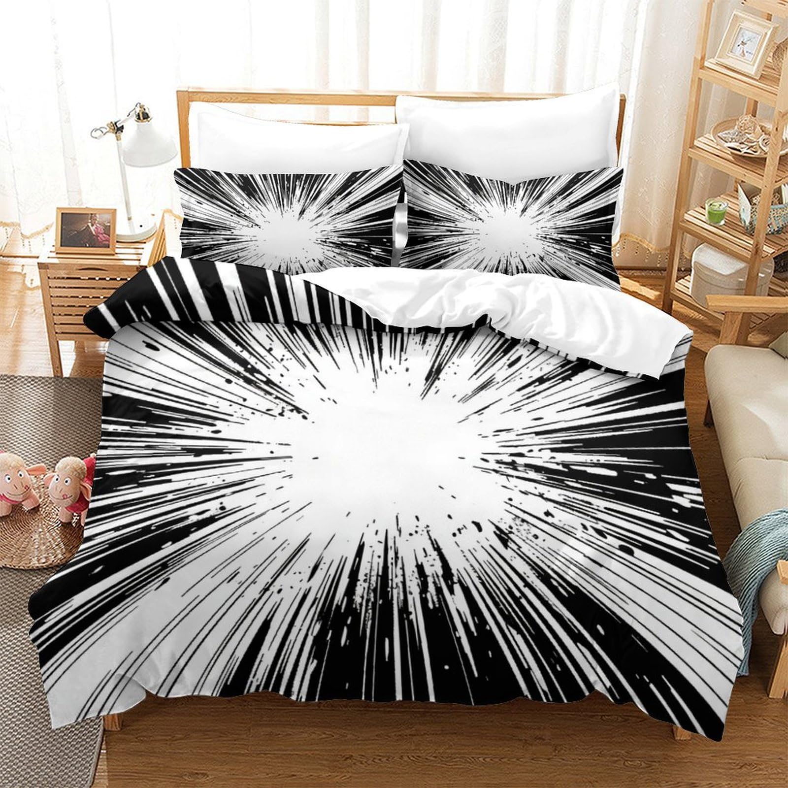 Housse de couette impression 3D rayures et taie d'oreiller en microfibre