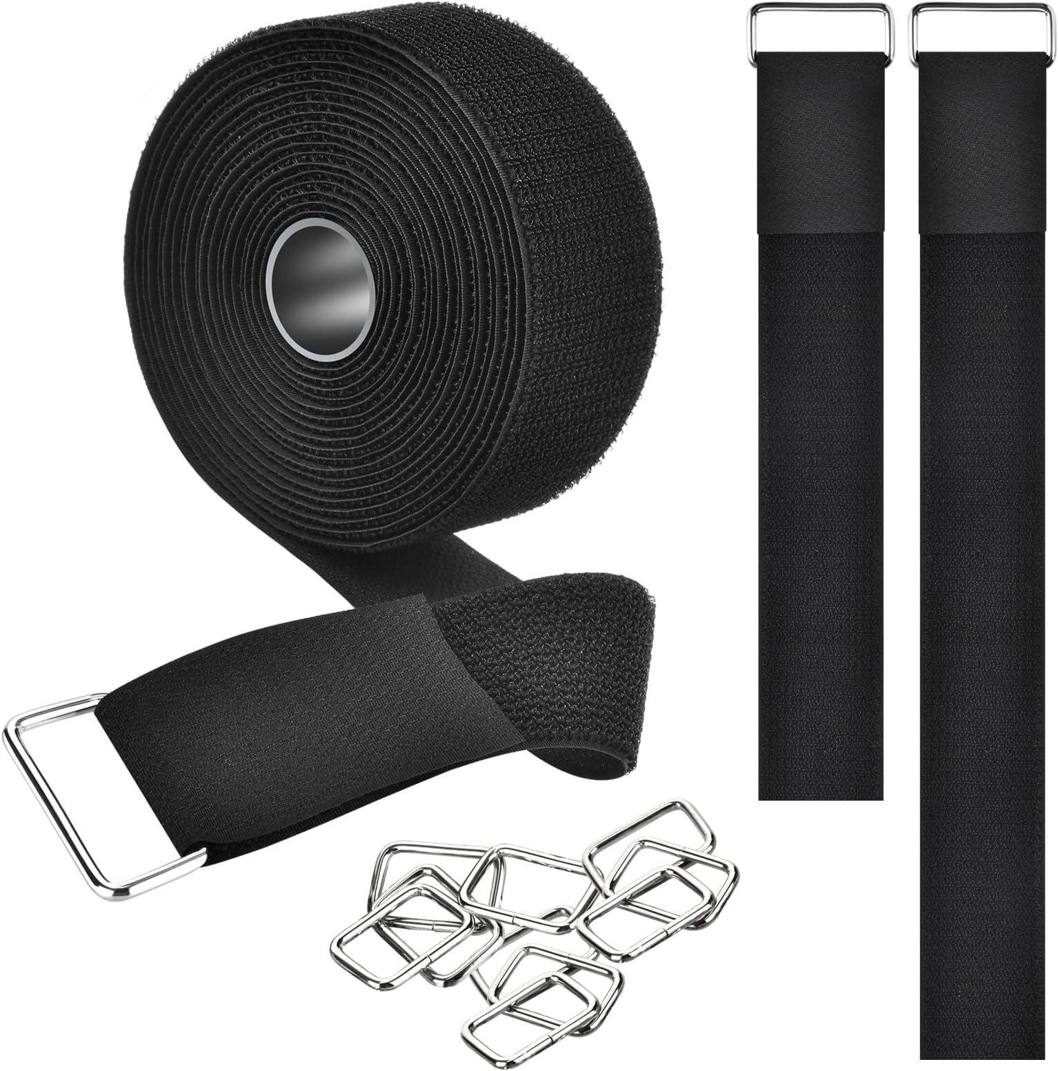 2 Inch x 16 Feet Hook and Loop Straps with 10 Metal Buckles, Adjustable Fastening Cable Straps, Reusable Nylon Cut-to-Length Cinch Straps, Cable Ties Securing Strap for Wire Management, Cord Organizer