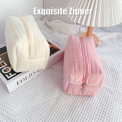 Miniatura 4 de Bolsa de maquillaje pequeña bolsa de cosméticos para mujeres y niñas, bolsas de maquillaje a cuadros Y2K, Blanco, Neceser