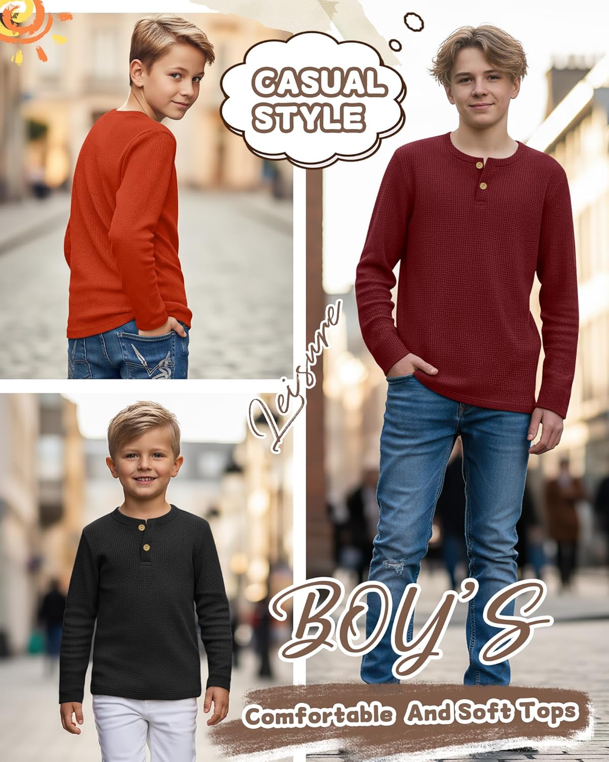 4 Pack Boy's Long Sleeve Henley Shirts, Waffle Thermal Cotton Blend Tops Fall Winter Breathable Tees 5-14 Years - Image 3