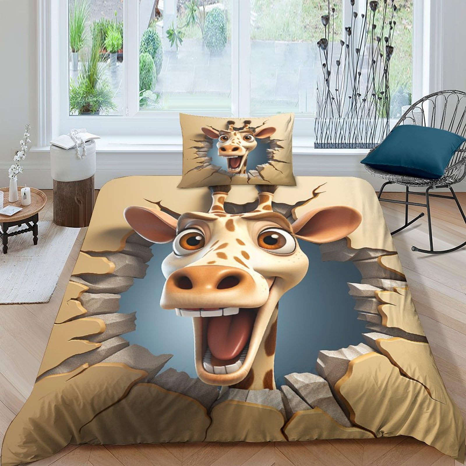 Housses de couettes 3 pièces microfibre super douce respirante motif girafe