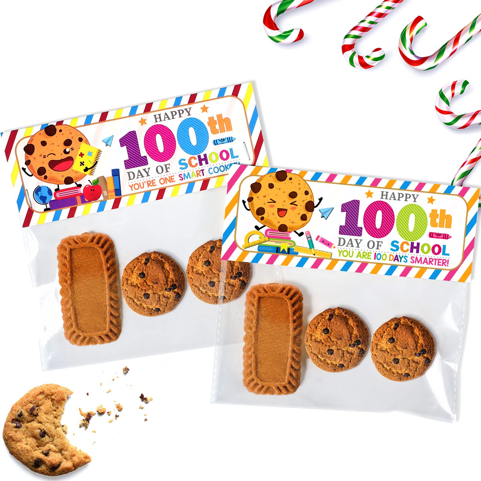 46 Set Happy 100th Days of School Treat Bag Toppers and Cards Set Self-adhesive Goodies Baking Wrapping Bags for Student Happy 100th Days of School Party Supplies(School)