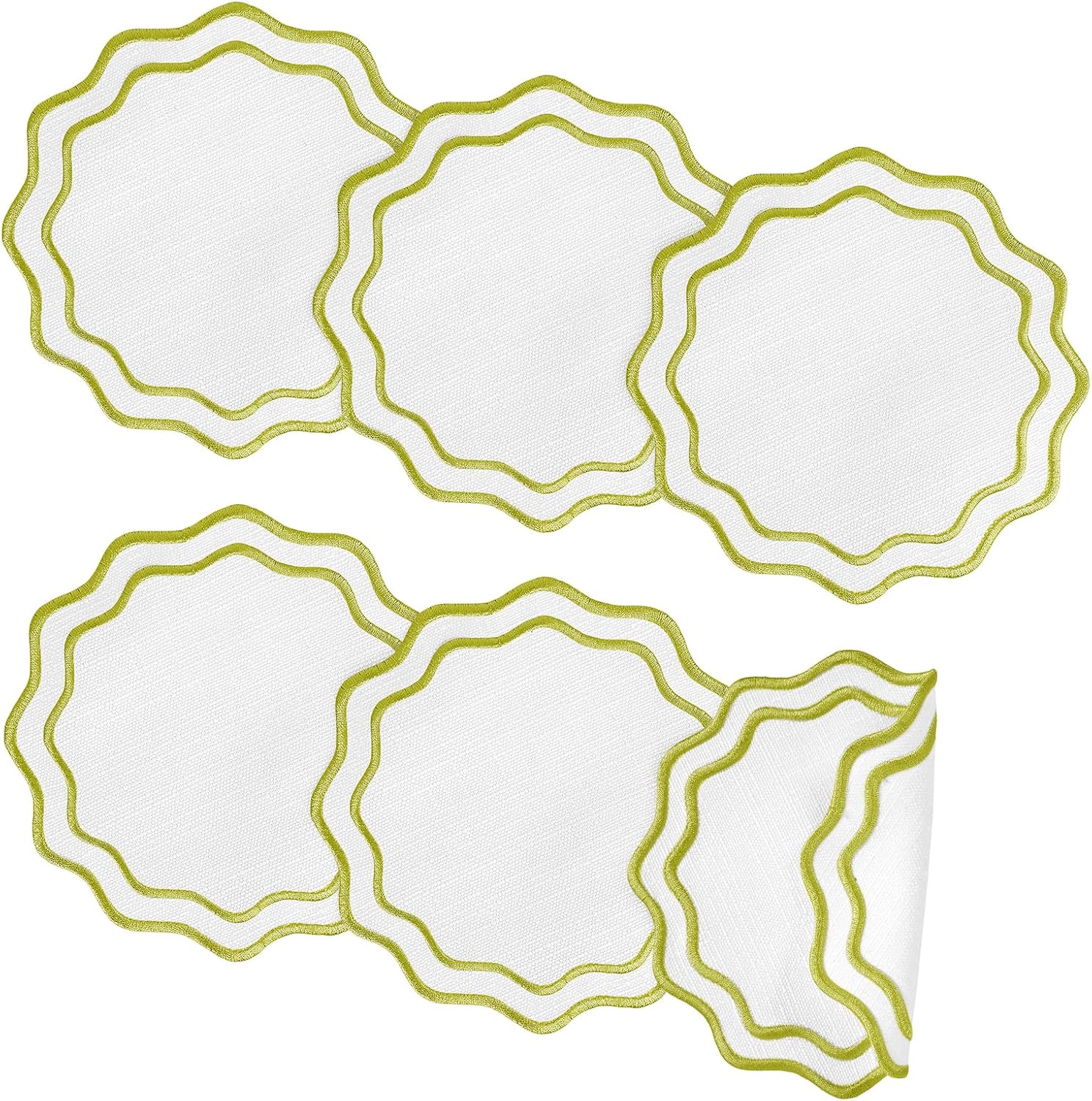 Set of 6 Sage Green Cotton Linen Coasters 5.5 Inch Embroidery Scalloped Coasters Floral Drink Mats for Table Decor Washable Fabric Cup Mats for Wedding Tea Party Festival Spring Holiday Entertaining