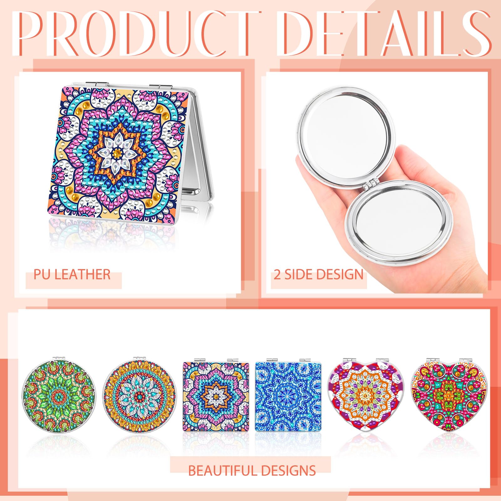 Thyle 6 piezas de pintura de diamantes compacto espejo de bolsillo con cubierta de pintura de diamantes, espejo portátil plegable con aumento de puntos de diamante kits de arte para mujeres y niñas,