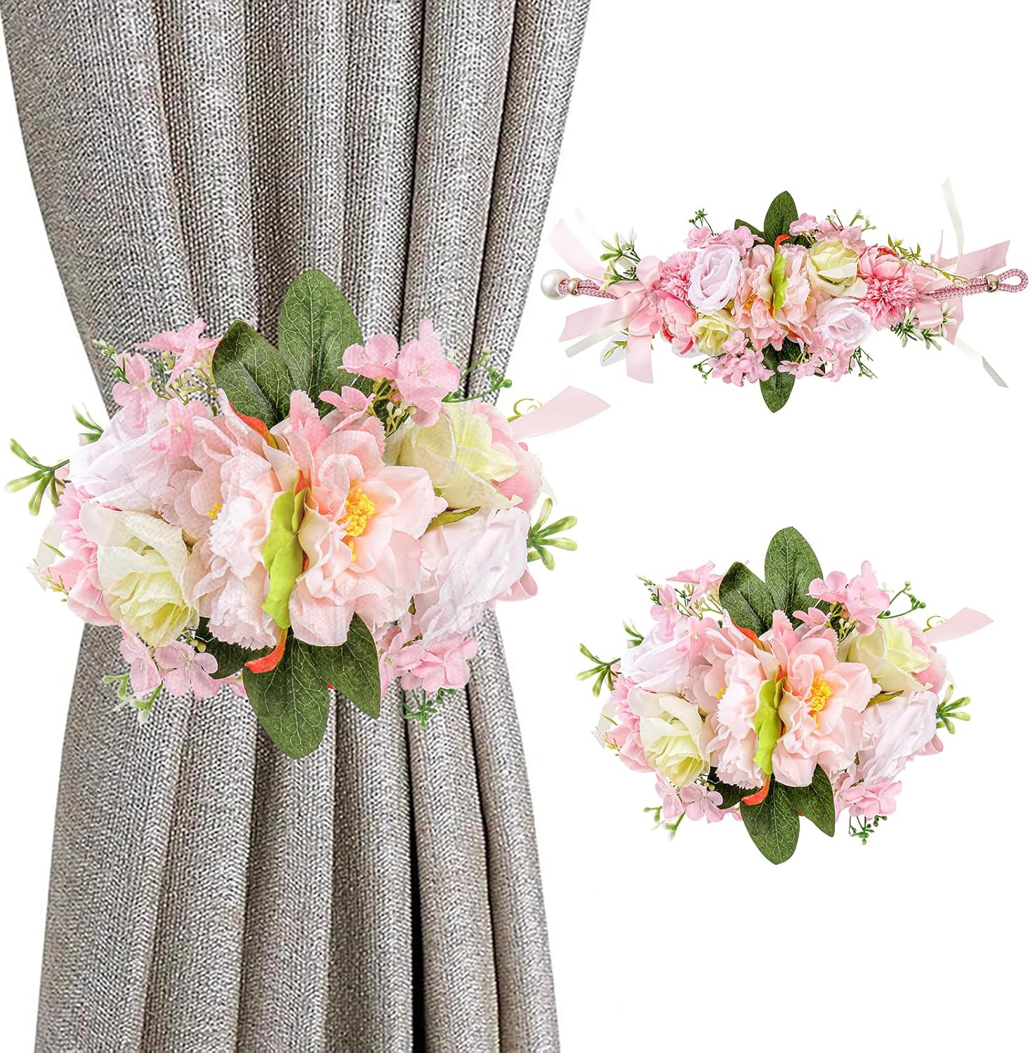 2Pcs Flower Curtain Tiebacks,Artificial Floral Curtain Holdbacks for Window Tie Backs Decorative Rope Buckle,for Home Office Decor (Pink)