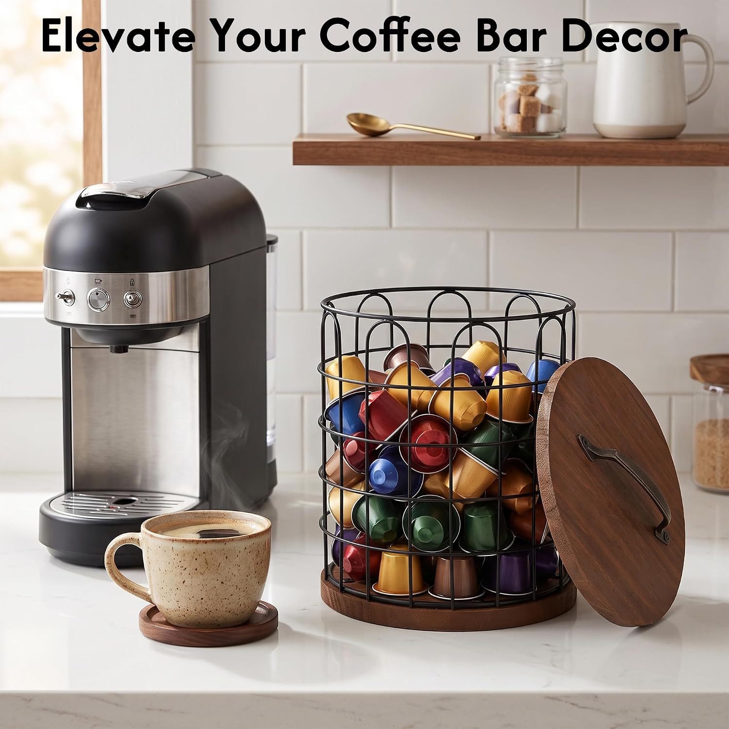 Black Coffee Pod Holder Wire K Cup Storage Basket Lid Capsule Organizer