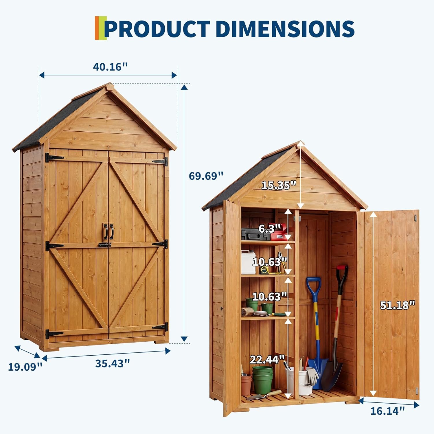 Wooden Outdoor Storage Cabinet with 3 Shelves & Floor - Waterproof Lockable Garden Tool Shed for Patio, Backyard, Deck, Lawn Organization Tall Wood Shed with Floor and Waterproof Roof
