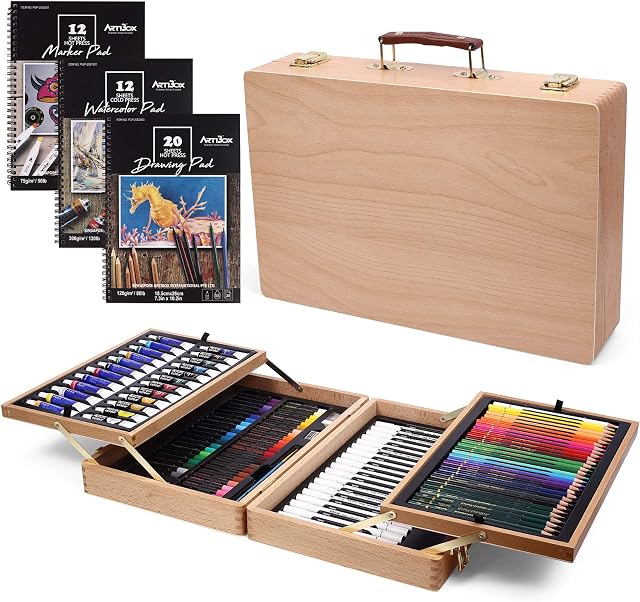 ARTIBOX 134 Pieces Deluxe Art Set, Supplies with Beech Wooden Case, Painting Drawing Art Kit Includes Watercolor Pencils, Woodless Graphite Pencils, Water-Soluble Oil Pastels for Adults Kids