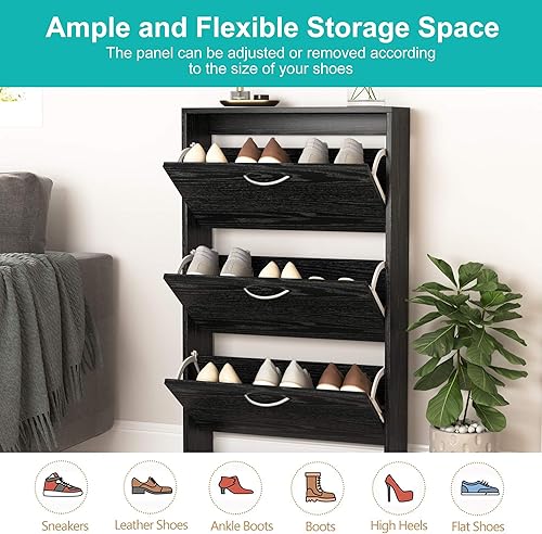 Miniatura 5 de VERYKE Zapatero con 3 cajones, organizador de almacenamiento independiente con puertas abatibles, asa y estante ajustable, todo de acero para