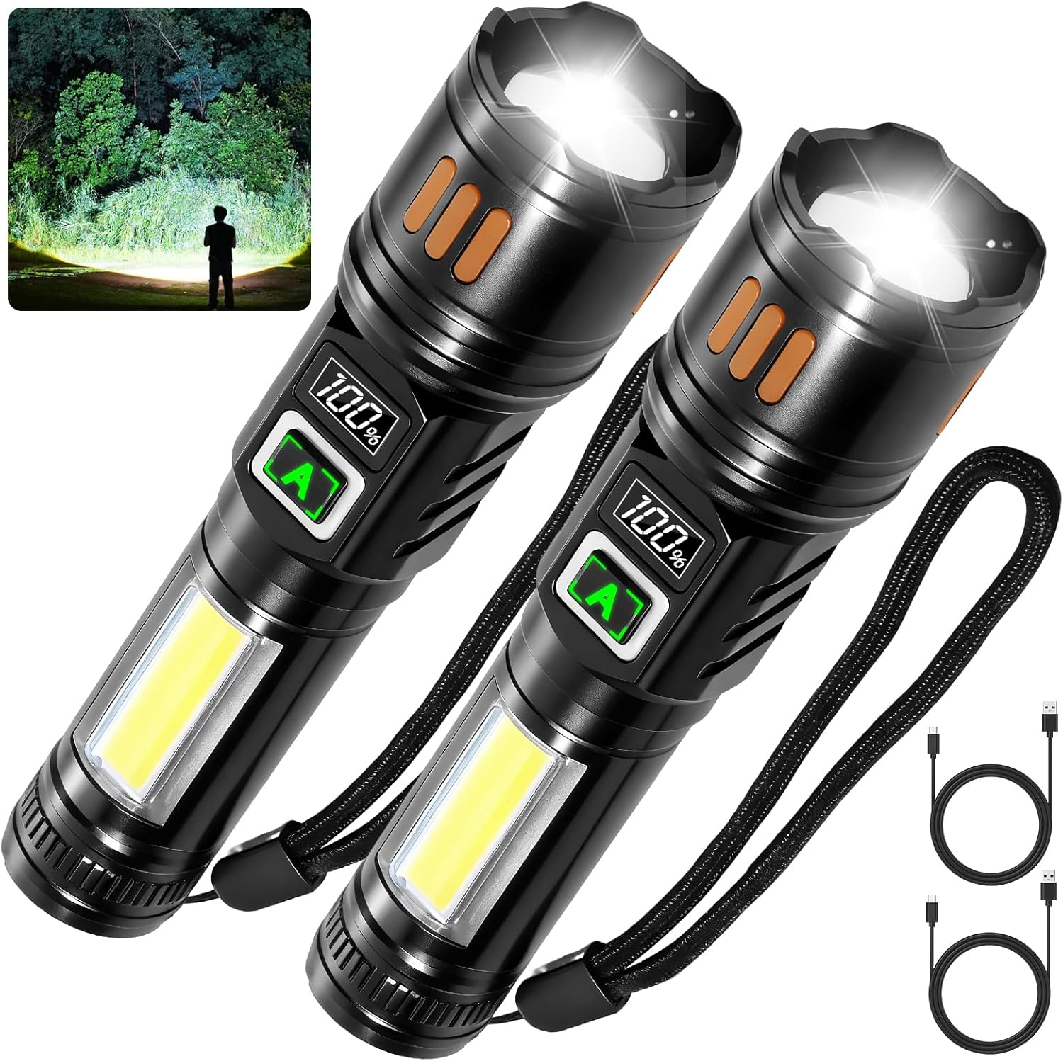 AYL Rechargeable Flashlights 2 Pack, Tremendous Shiny Excessive Lumens Flash Gentle, 6 Modes Zoomable Linternas with LCD Show, Excessive Powered Handheld LED Flashlights for Residence, Emergencies, Tenting