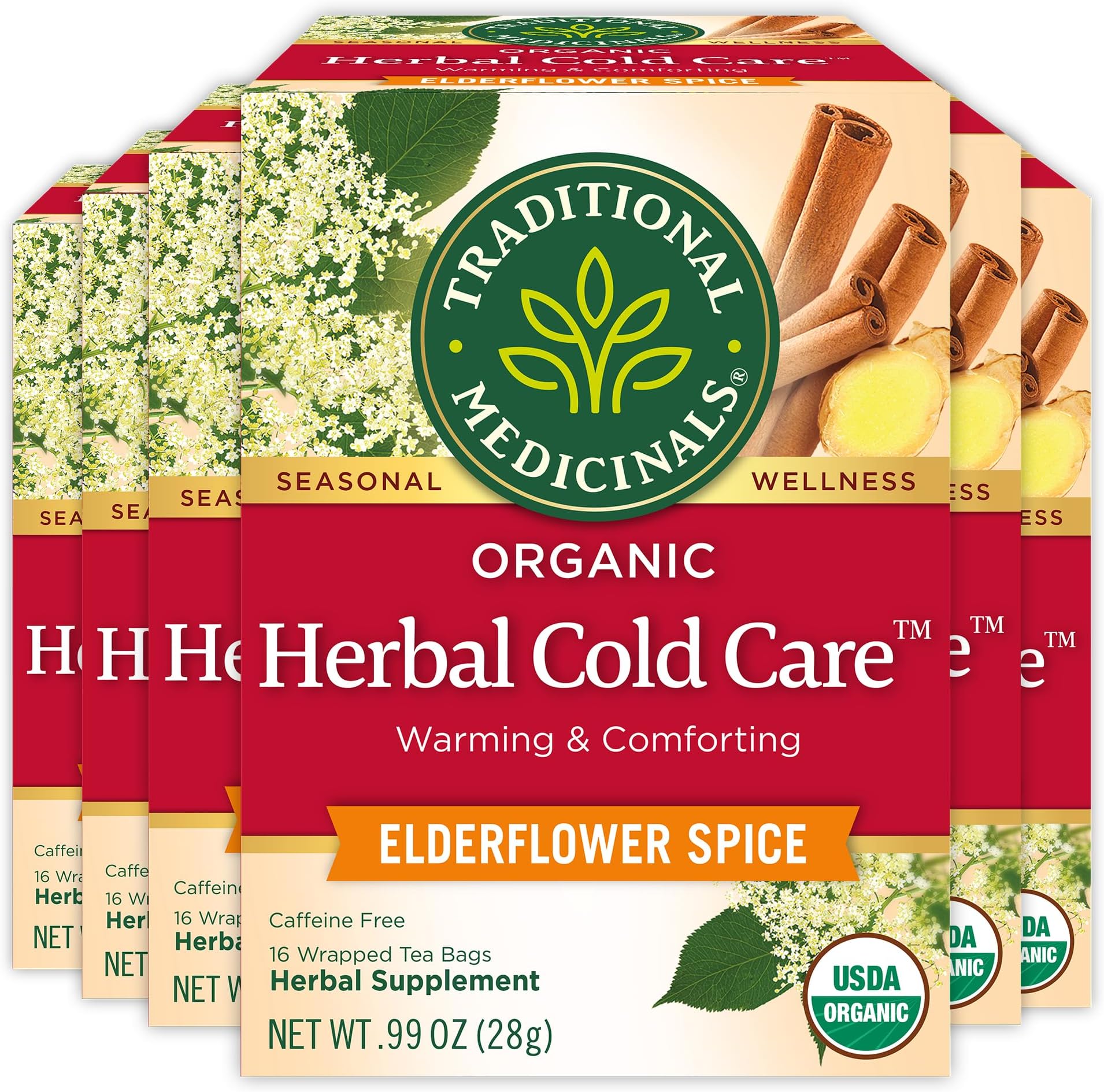 Traditional Medicinals Tea, Herbal Cold Care Seasonal Tea with Elderflower Spice, Kosher, Non-GMO, Caffeine-Free, Compostable - 96 Tea Bags (6 Pack)