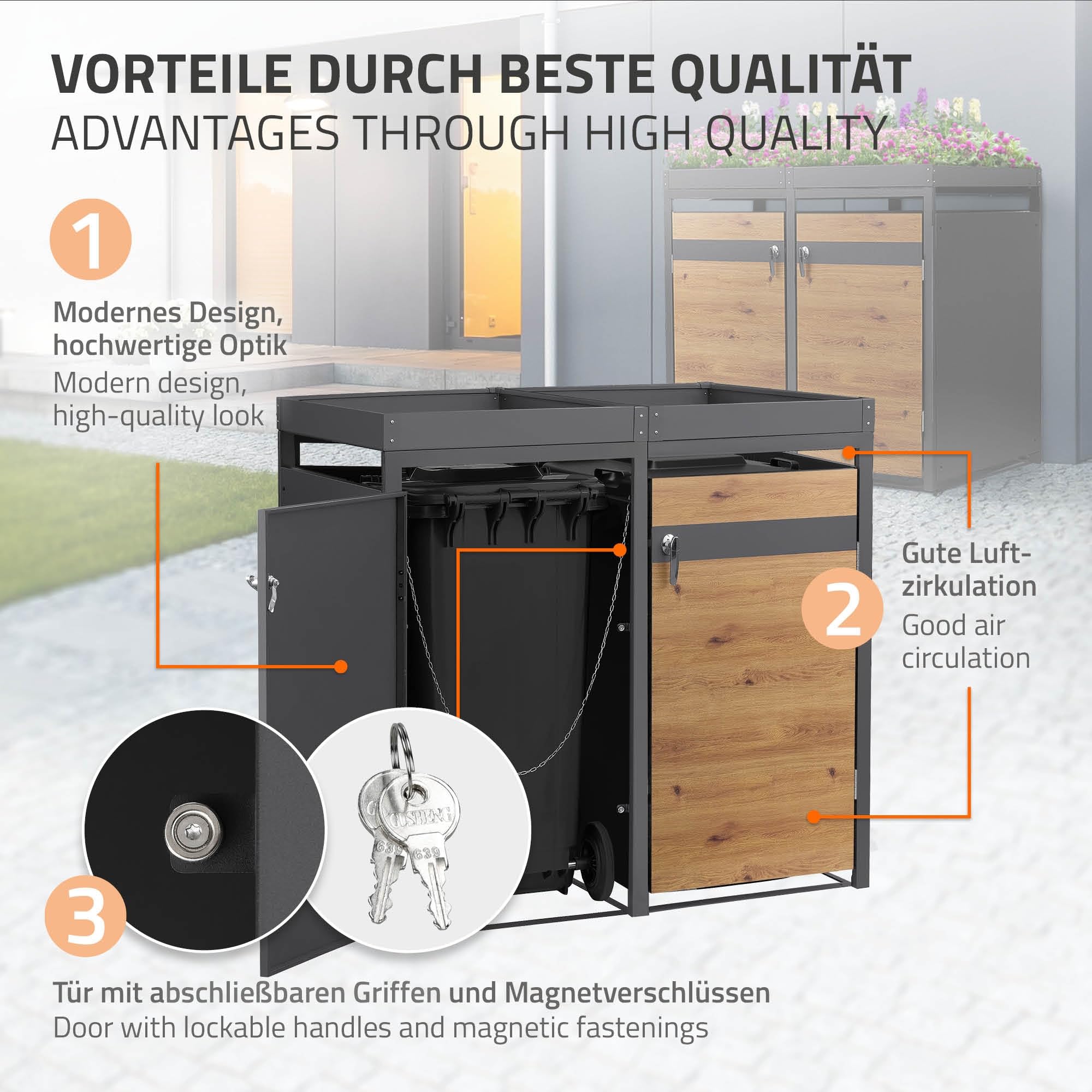 ML-Design pojemnik na odpady z daszkiem na 4 pojemniki na odpady, 240L 264x80x124 cm, debowy, stalowy, odporny na warunki atmosferyczne, zamykana pokrywa pojemnika na odpady z drzwiczkami