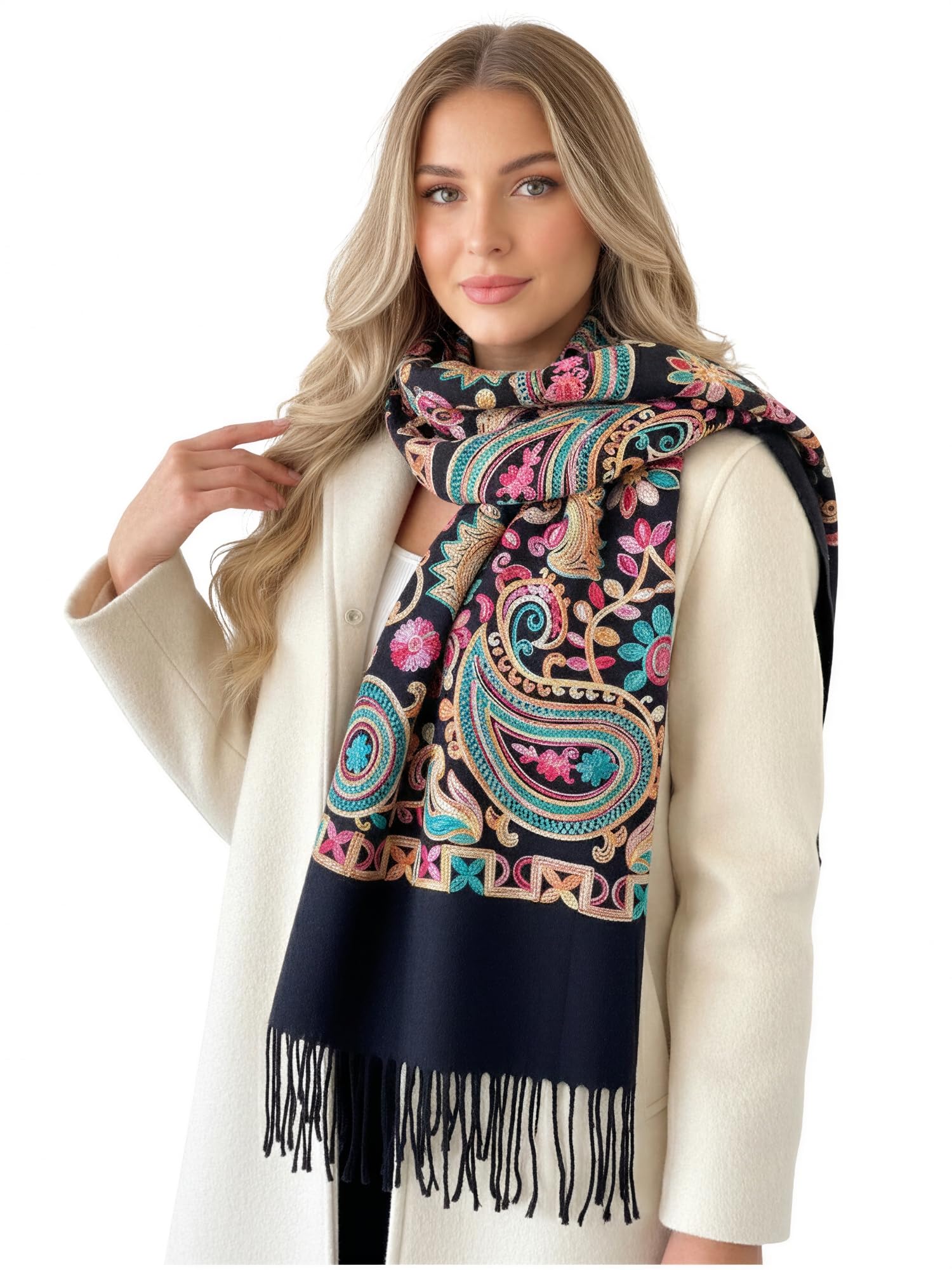 Women Pashmina Scarf Shawl Wrap, Large Long Paisley Floral Rainbow Ladies Scarves, Wearable Winter Blanket Scarfs, Indian Shawl Wedding Evening Stole, Cashmere & Cotton (Black Rainbow Paisley)