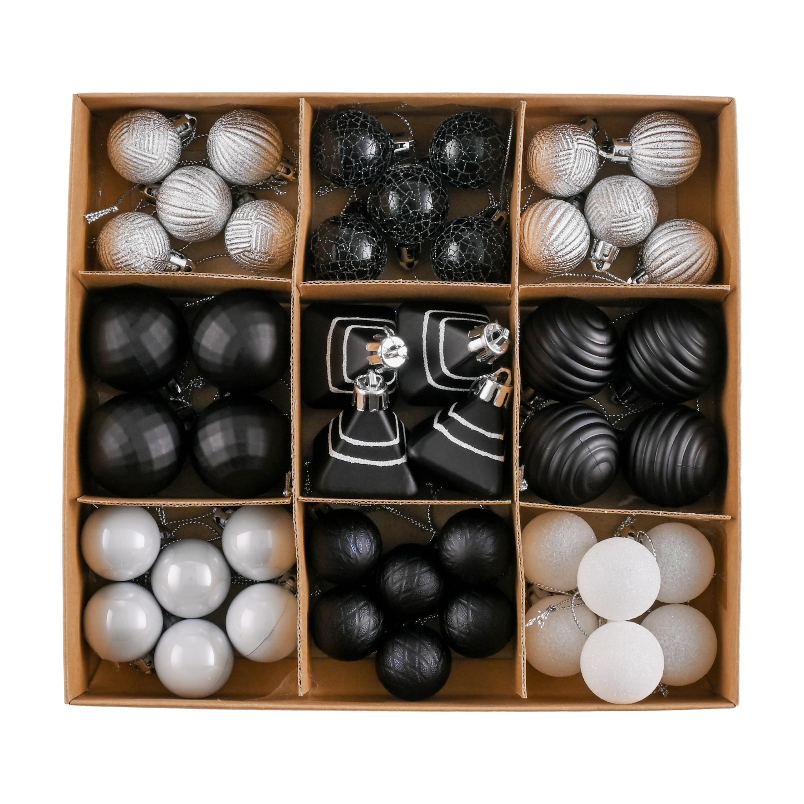 DecorbyHannah 45ct Christmas Ornaments, Small Black and White Christmas Ornaments Set, Shatterproof Boho Themed Christmas Tree Ornaments for Mini Xmas Tree, Centerpiece, Table Decoration