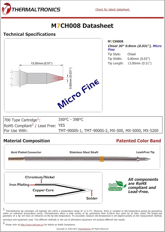 Thermaltronics M7CH008 Chisel 30deg 0.8mm (0.031in), Micro Fine