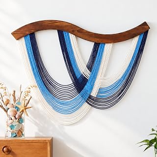 Navy Blue Macrame Wall Hanging Dip Dyed Yarn Wall Art, Modern Boho Decor