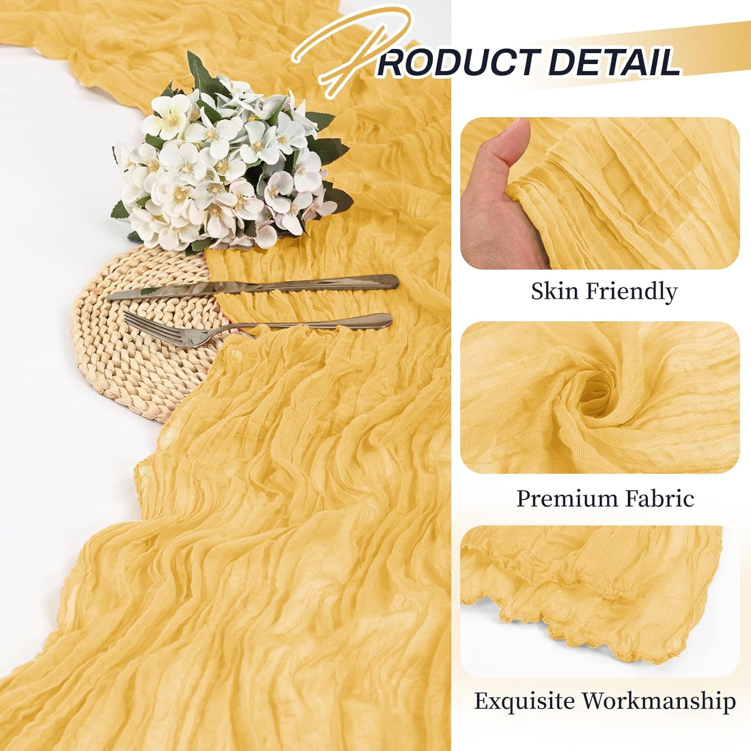 4 Pack Gold Cheesecloth Table Runner 14FT, Gauze Table Runner Semi-Sheer 35 * 170 inch Boho or Rustic Table Decoration, Romatic Wedding Table Runner or Arch Draping for Bridal Shower Banquet