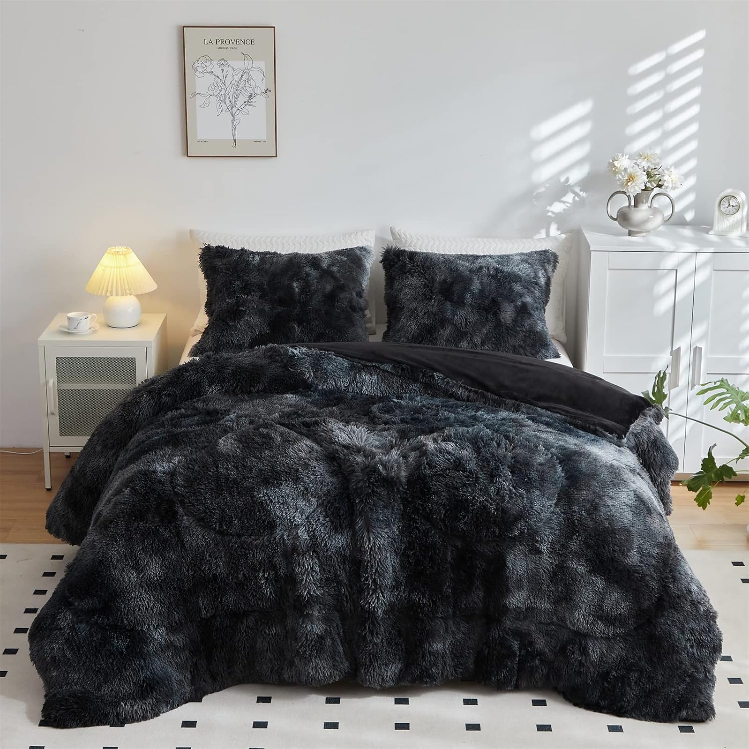 Wajade Faux Fur Plush Black Comforter Set Fluffy Fuzzy Shaggy Bedding Set - 3PC King Size Microfiber Soft Warm Quilt Set - Image 2