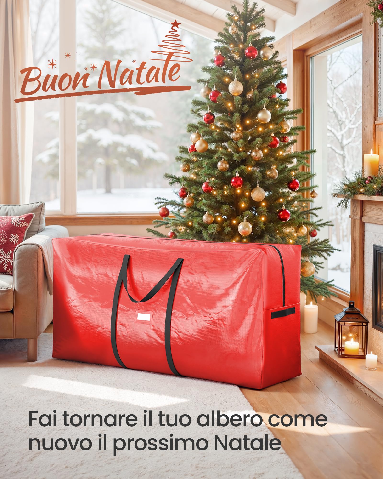 SONGMICS Borsa per Albero di Natale, Custodia per Albero Smontabile fino a 274 cm, Cuciture Interne Rinforzate, Maniglie Lunghe, con Cerniera, PE, Rosso RXS006R01