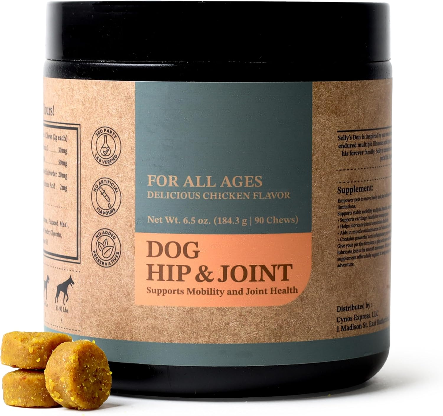 Selly’s Den Dog Hip and Joint Supplement for Mobility – Glucosamine, Chondroitin and MSM for Joint Health Relief – Made in USA – Chicken Flavor Soft Chew – 90 Count