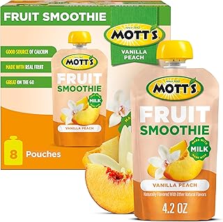 Mott’s Fruit Smoothies Vanilla Peach, 4.2 oz clear pouches, 8 Pack, Made With Milk, Made With Real Fruit, Good Source of Calcium, On-the-Go