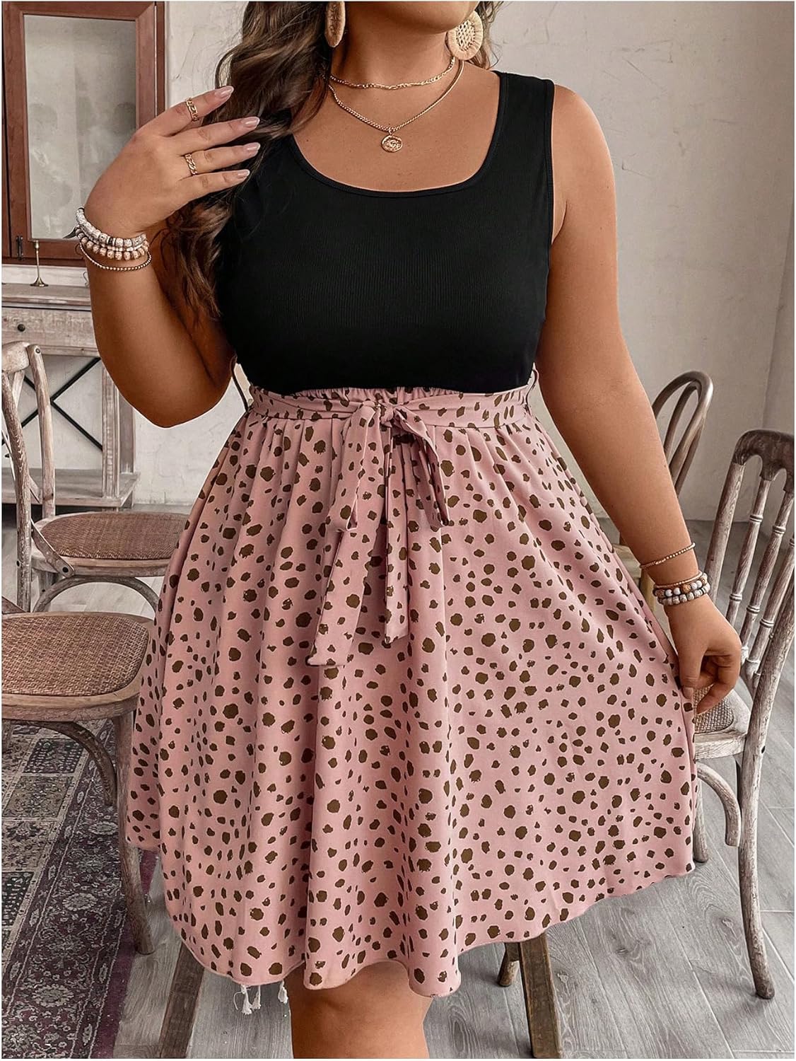 SOLY HUX Women's Plus Size Polka Dots Sleeveless Summer Tank Dress Belted Vacation Beach Flowy Short Dresses - Image 2