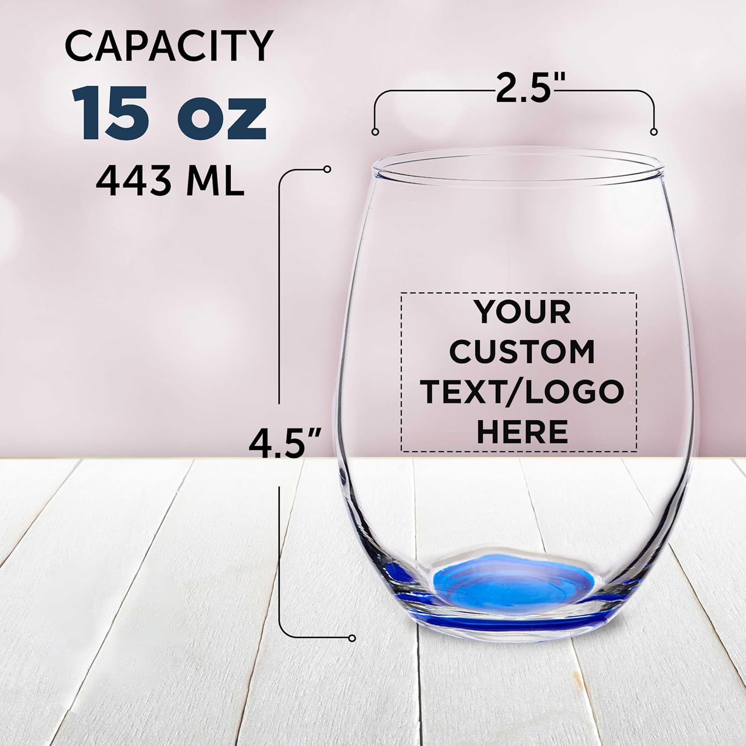 Custom Stemless Wine Glasses in Bulk by ARC Perfection, 15 oz, 10/50/100 pack, Personalized Text, Logo, Red or White Wine Glass - Blue