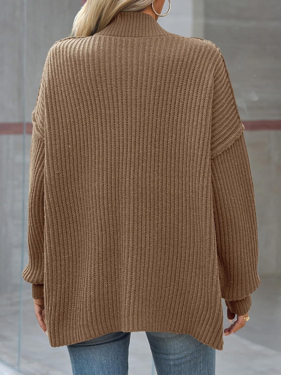 Saodimallsu Womens Button Down Cardigan Sweaters Oversized Lantern Sleeve Knit Jacket Winter Mock Neck Outwear Trendy Coats - Image 4