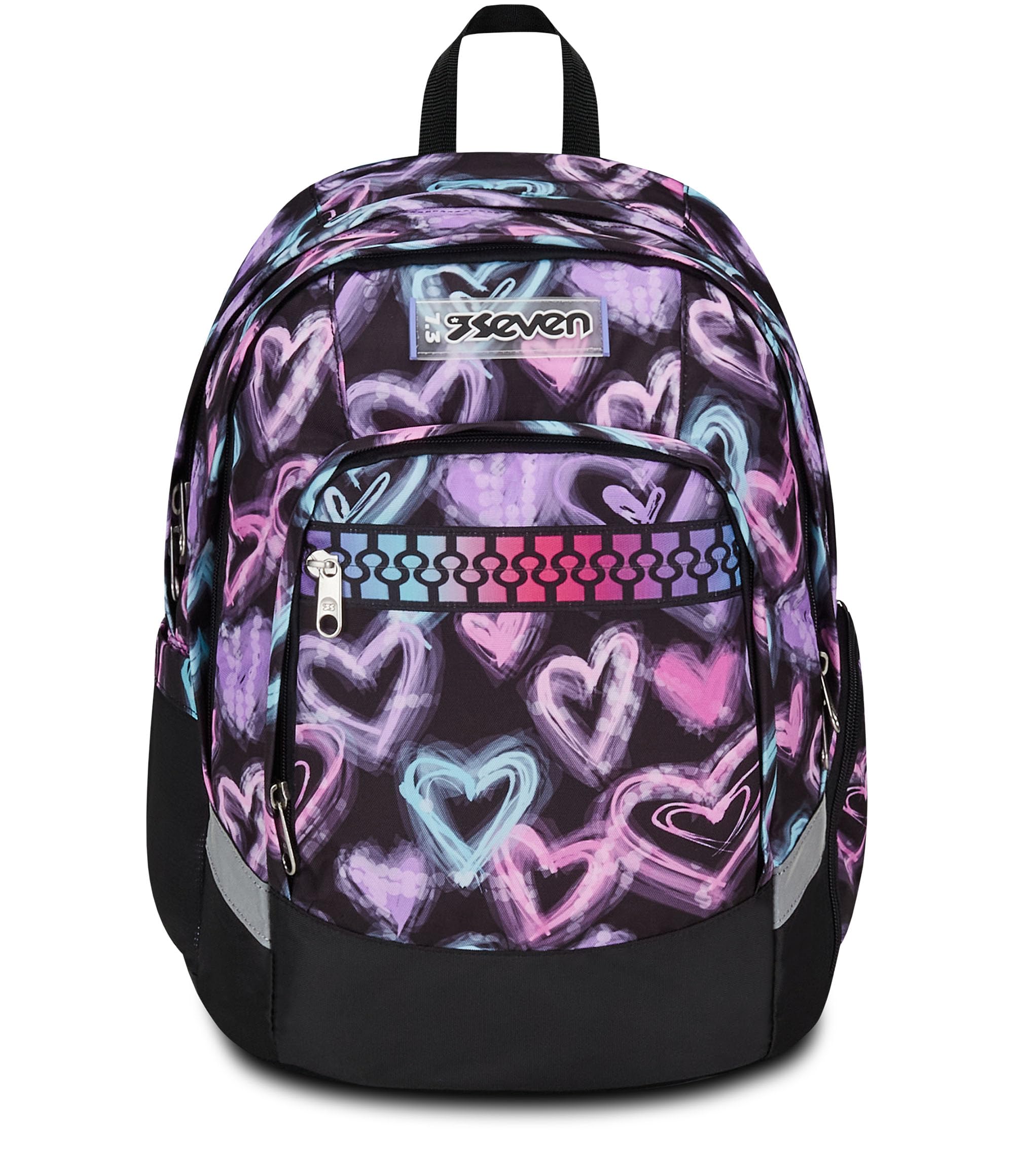 Seven Ergonomischer Schulranzen, Tornister für Schule Sport Freizeit, Schulrucksack für Kinder Mädchen und Jungen, mit Trinkflaschenfach, gepolstert, nachhaltig, schwarz mit Herzen