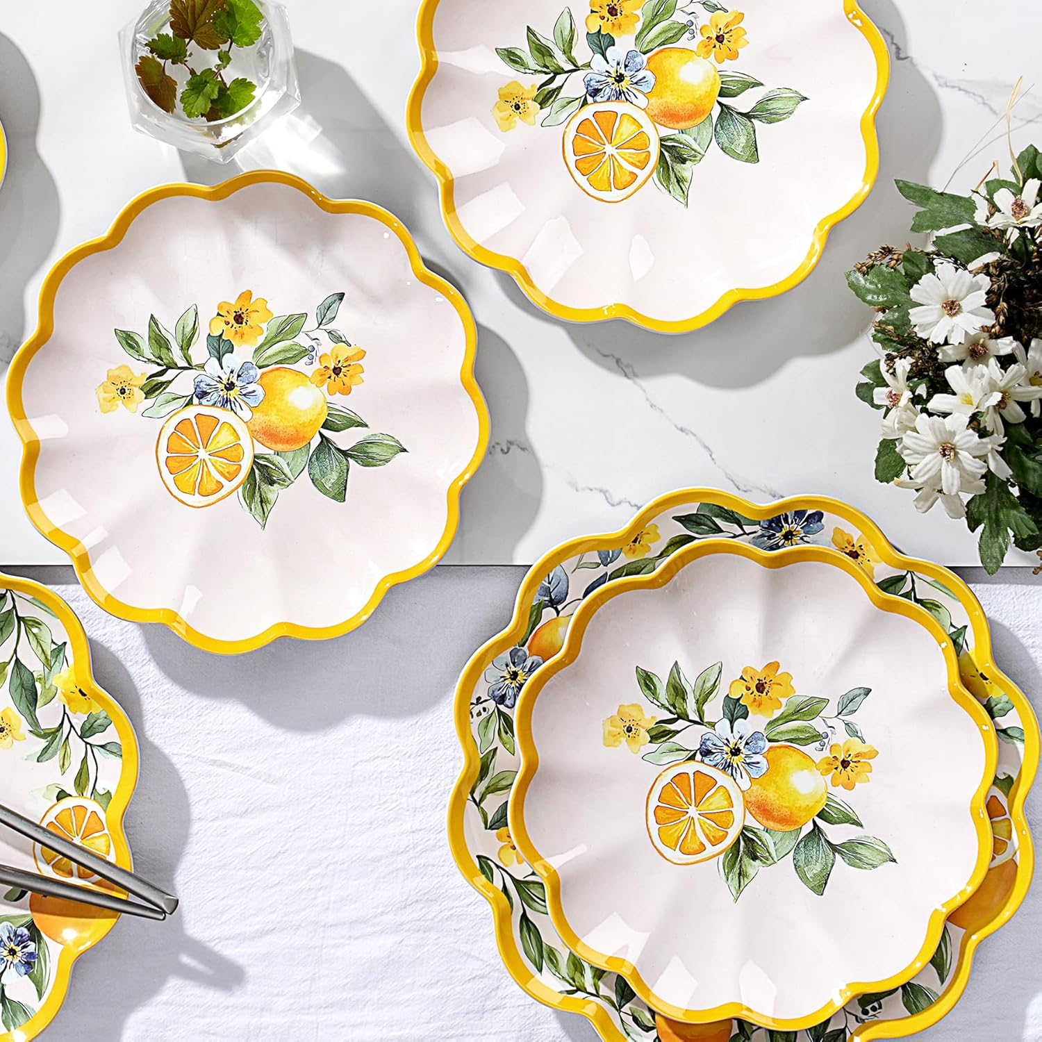 Unbreakable Melamine Plates Set of 8, 4 Large 11" & 4 Small 9" Plates, Lightweight RV/Dinner Plates, Lemon Design, Dishwasher Safe