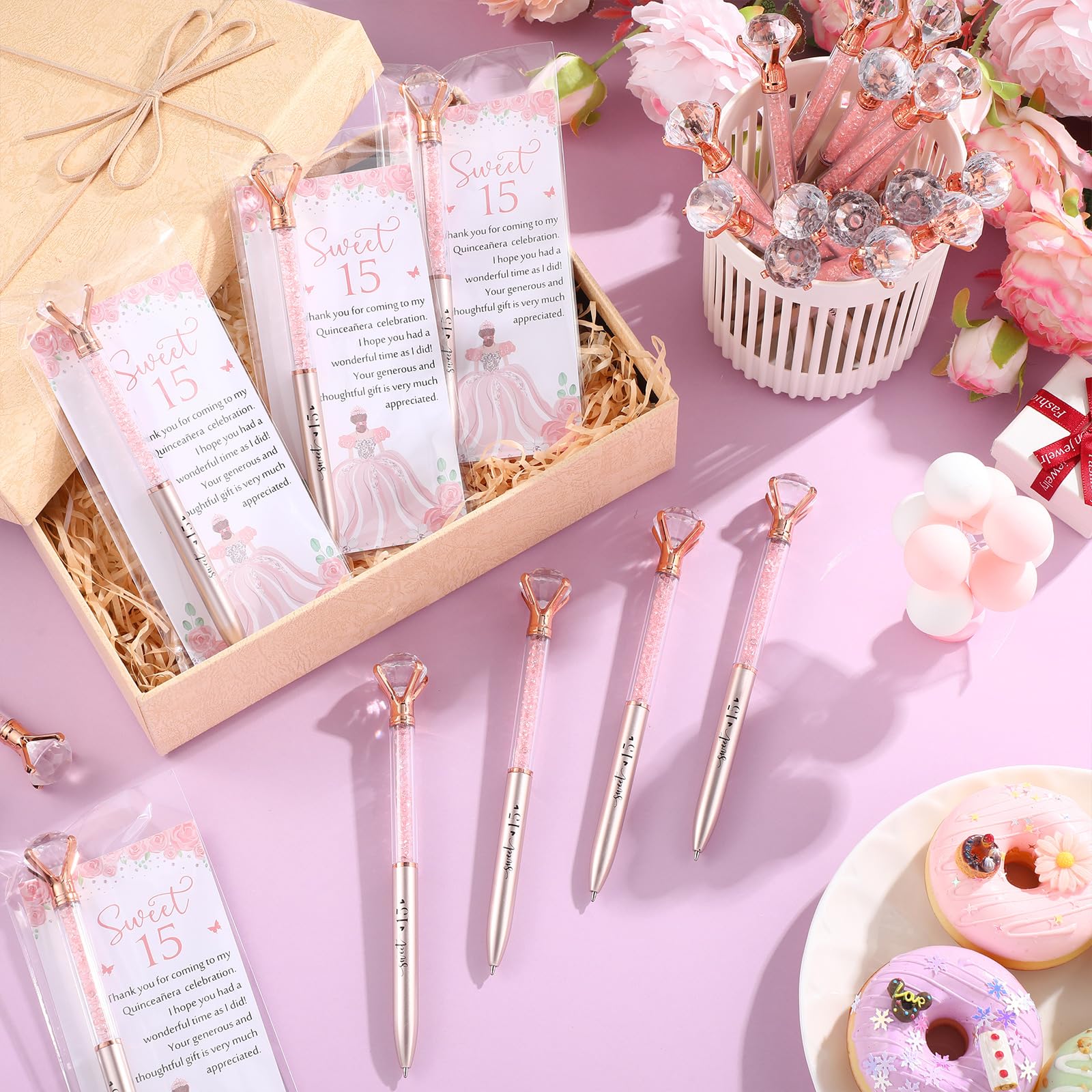 Sayglossy 50 Sets Quinceanera Party Favors Sweet 15th Thank You Gifts Diamond Pens with Thank You Cards Retractable Ballpoint Bling Pens 15 Birthday Gifts for Guests (Rose Gold)