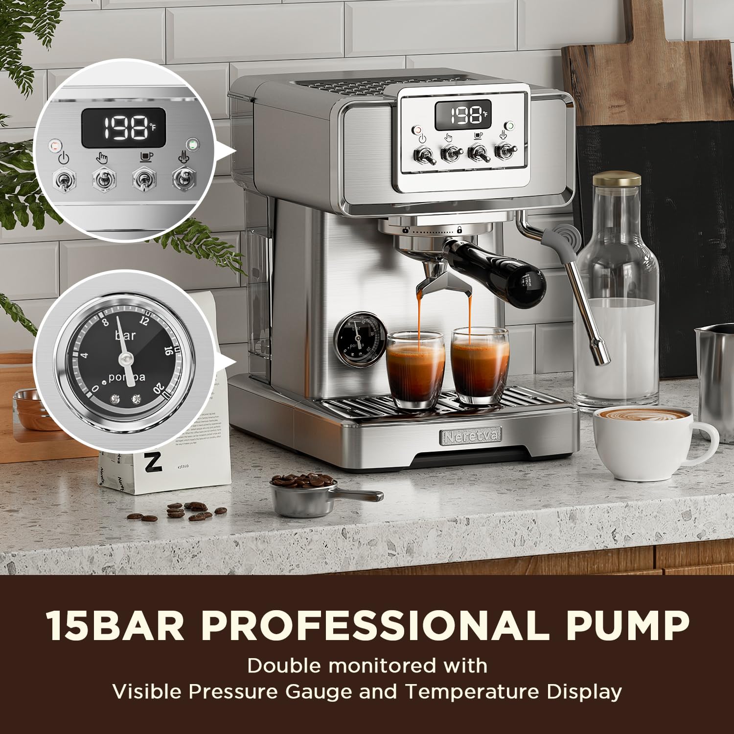 Amazon | Neretva Espresso Machine, 15 Bar LCD Display Espresso