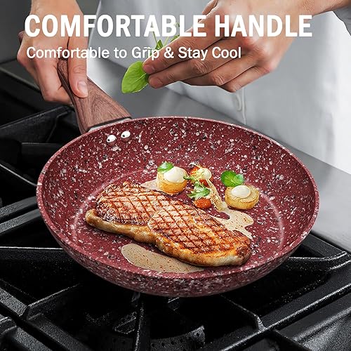 Miniatura 5 de KOCH SYSTEME CS Sartén antiadherente de granito rojo de 12 pulgadas con tapa, sartenes clásicas con revestimiento antiadherente no tóxico, sartén de
