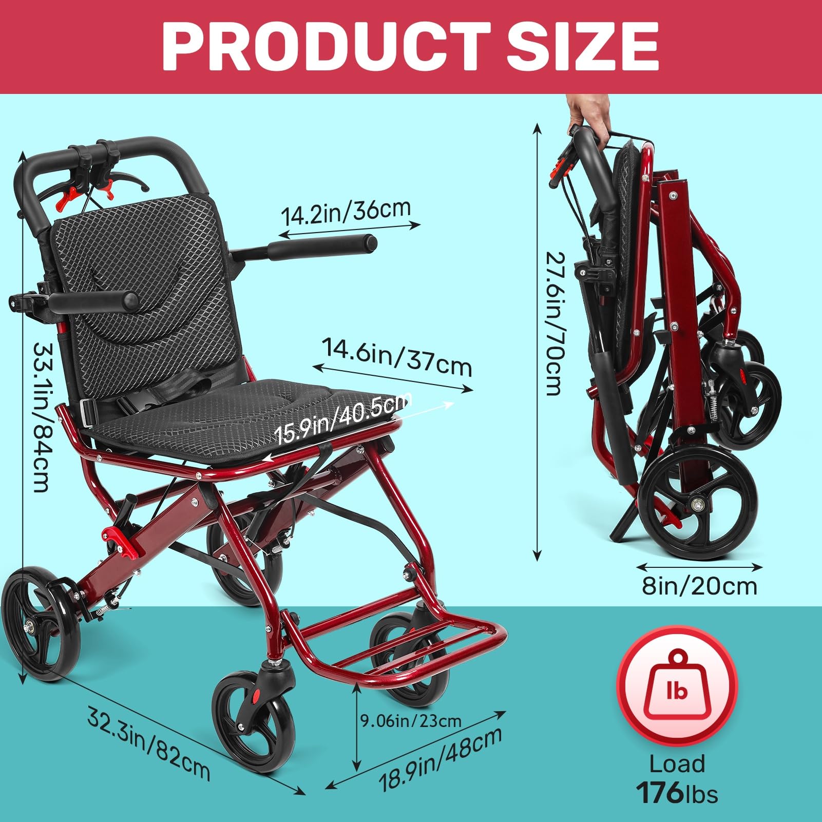 Składany wózek inwalidzki transportowy, lekki podróżny wózek inwalidzki 8,4 kg, lekki składany wózek inwalidzki, kompaktowy, aluminiowy fotel mobilności z hamulcami bezpieczeństwa, hamulcami ręcznymi