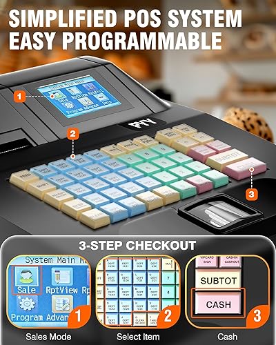 Vista 6 de PYY Caja Registradora para Negocio Electrónica Comercial Caja Registradora para Negocio con Caja de Cajón de Dinero con Cerradura, 8 Pantalla