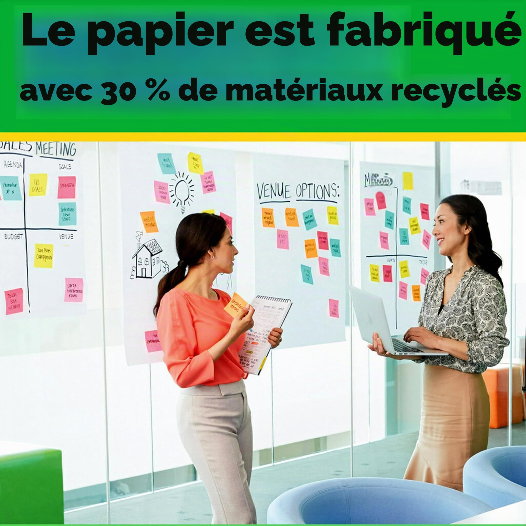 Post-it Super Sticky Meeting Charts, Recyclé, 2 Blocs, 30 Feuilles par Bloc, 63;5 cm x 76;2 cm, Couleur Blanche - Paperboard Adhésif Repositionnable pour Réunions et Sessions de Brainstorming