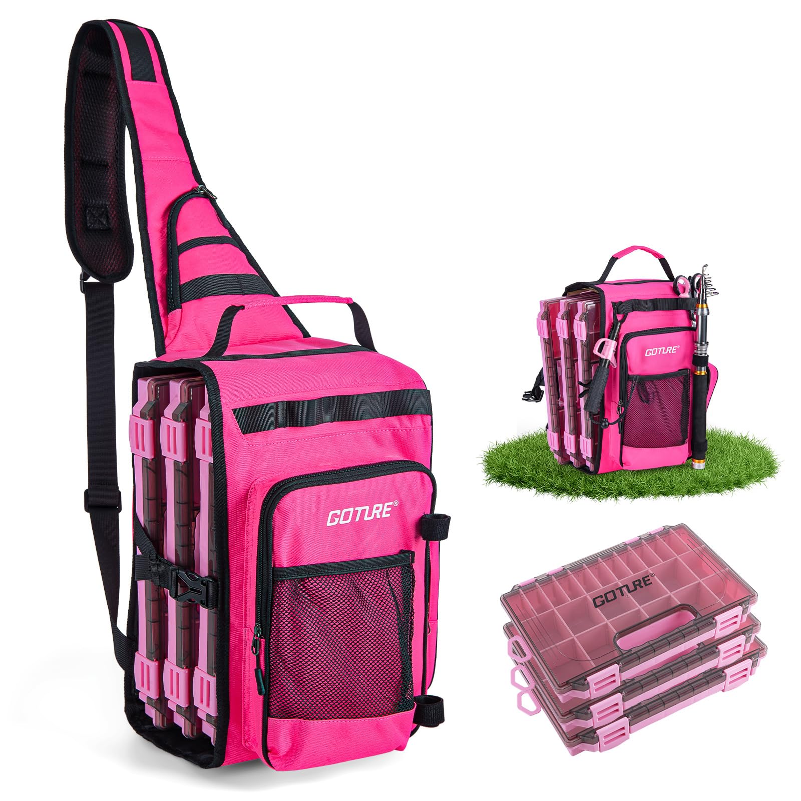 Goture Fishing Bag with 3 Tackle Boxes & Lures, Single Shoulder Fishing Tackle Bag with Rod Holder, Carp Tackle Bags, Heavy-Duty Oxford Fabric Water-Resistant Multi-Pockets Camping Pack 12L Pink