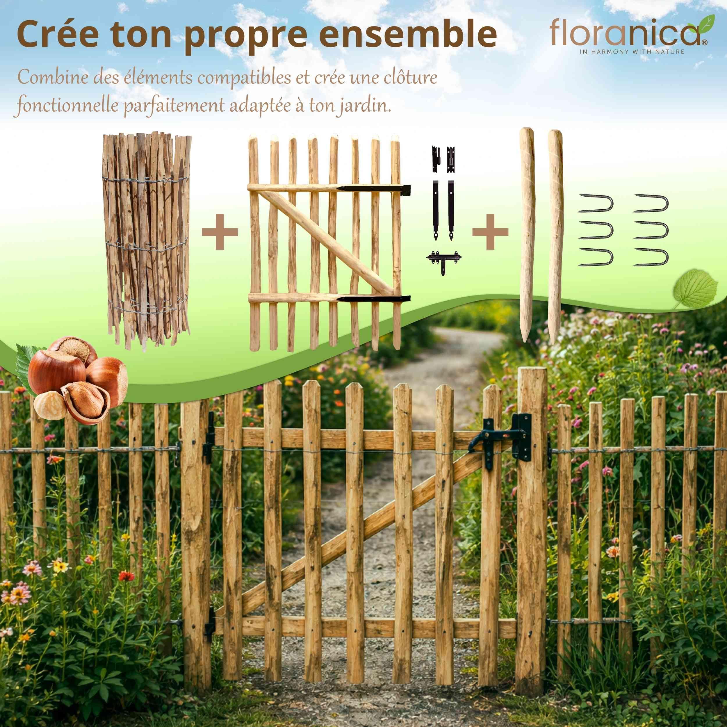 Floranica clôture en noisetier châtaignier 10 m x 50 cm de hauteur, écart entre les lattes 8-10 cm, bordure de jardin