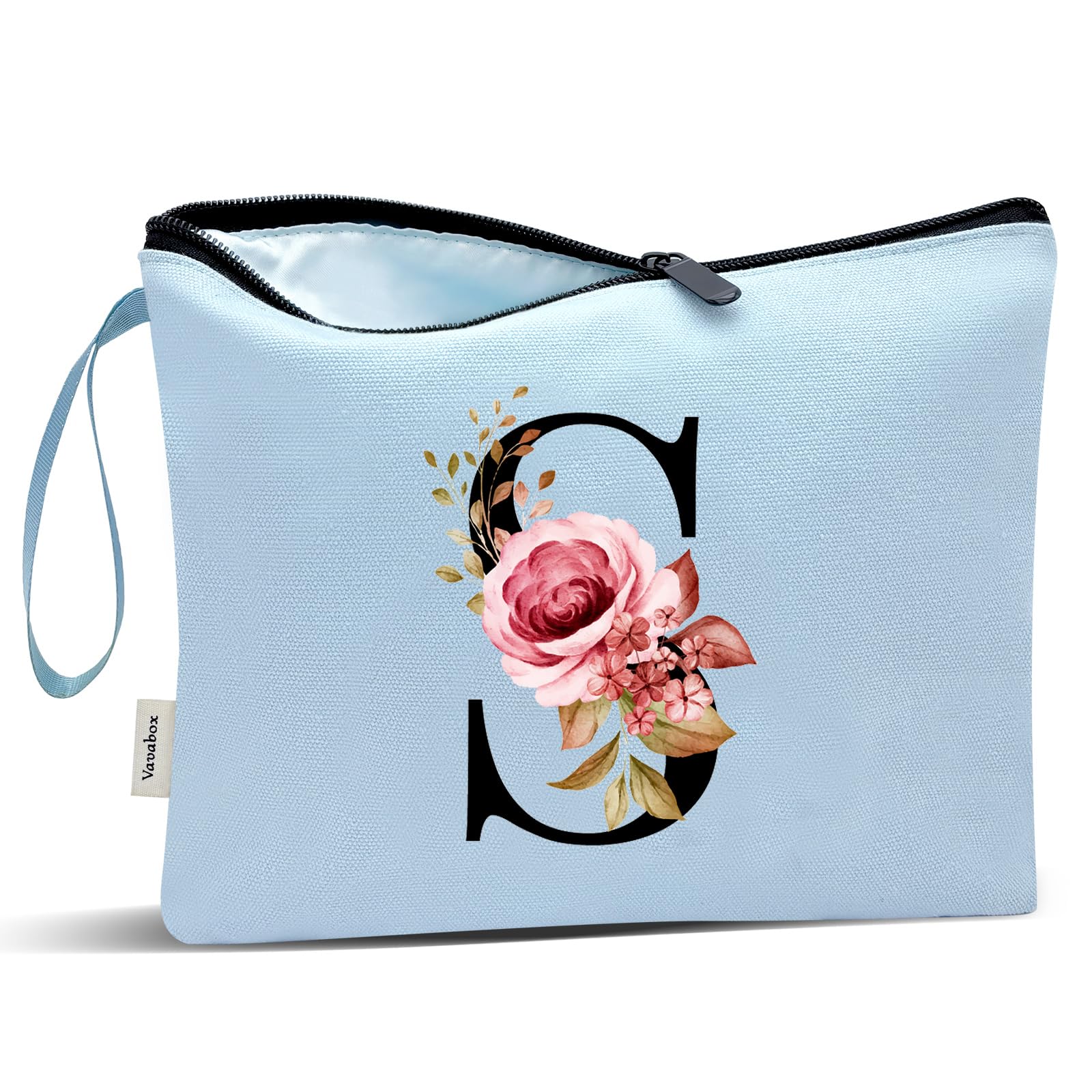 Vavabox A-Z Personalized Makeup Bag, Birthday Gifts for Women Mom, Gifts for Best Friend, Bride Bridesmaid Cosmetic bag (S, Blue)