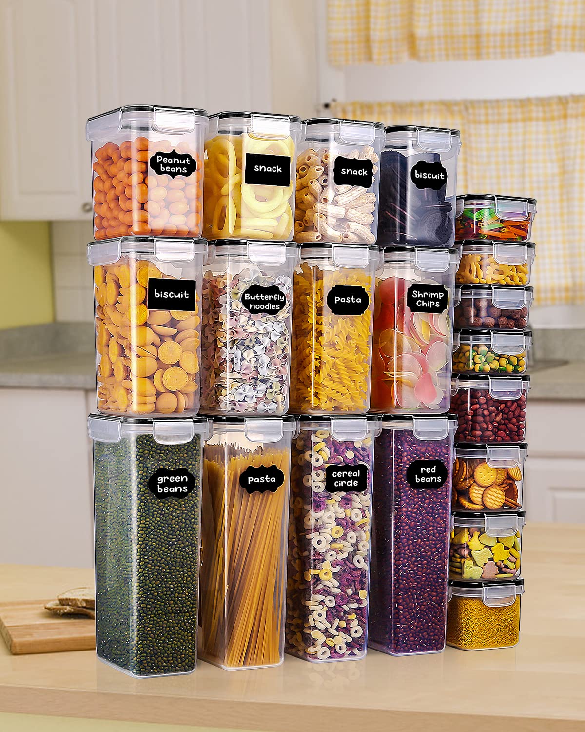 heuchaey Contenitori Alimentari per Cereali Set 20 Pezzi,Contenitori Plastica con Coperchio,Spazzole，Etichette e cucchiai，Barattoli Ermetici per Cereali,Muesli,Pasta（2.8L 2L 1.4L 0.8L 0.52L）