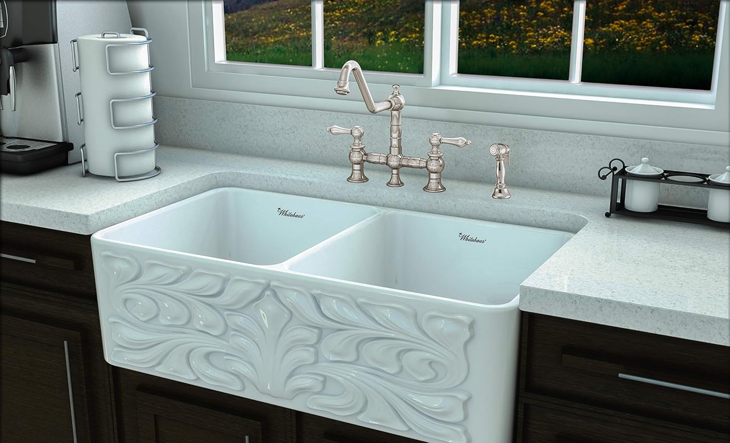 Whitehaus Kitchen Faucet; Brass Construction, Spout, Lever Handles, Side Spray; Polished Nickel