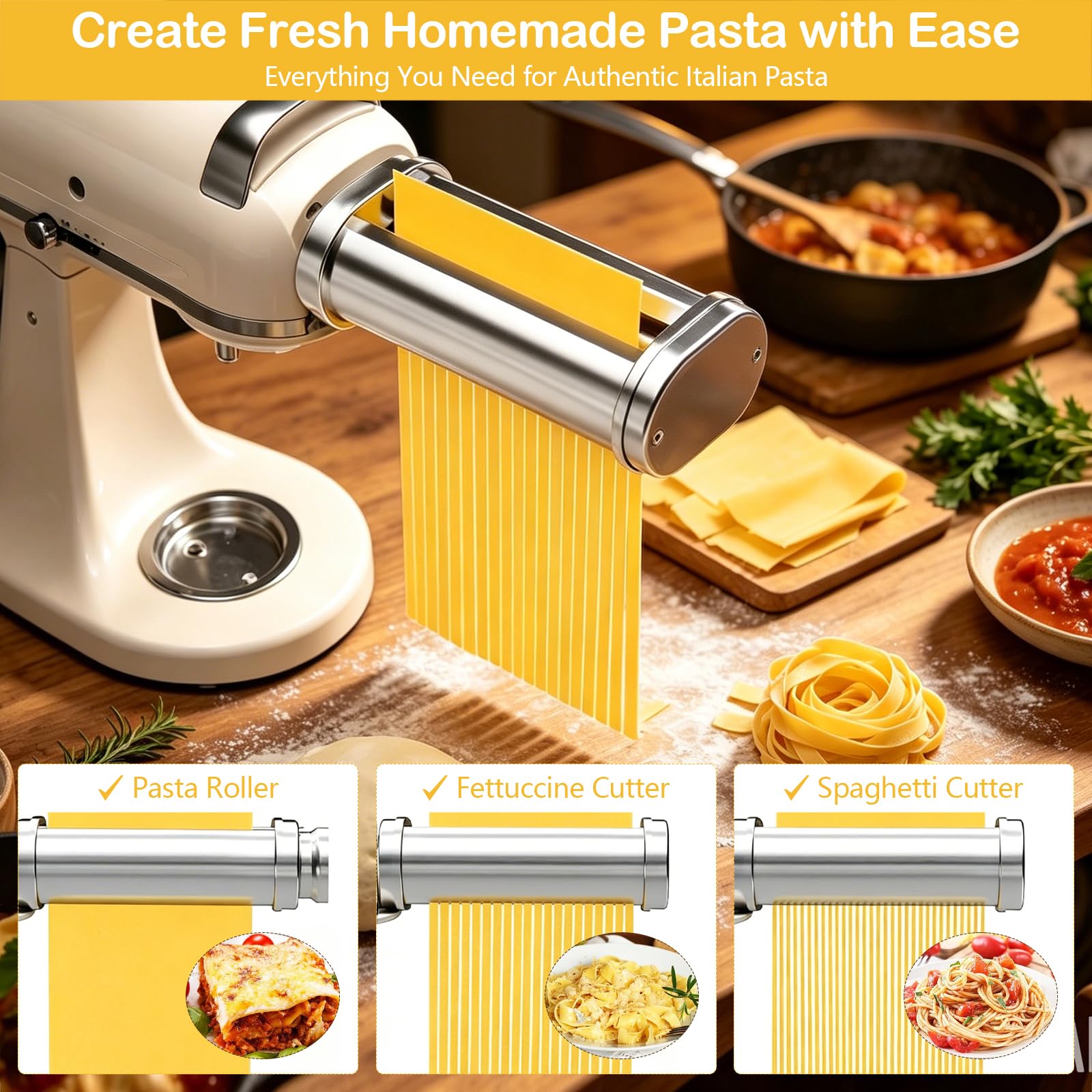 Set di accessori per la pasta, 3 pezzi, per robot da cucina Kenwood KVC/KVL, con rullo per spaghetti e fettuccine, accessorio per pasta in acciaio inox 304, con manopola, 8 spessori di impasto