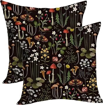 Spring Pillow Covers 18x18 Pack of 2 Black Botanical Wildflower Mushroom Throw Pillow Covers Outdoor Decoration Summer Floral Pillowcase Farmhouse Decorative Cushion Case for Linen Sofa Couch