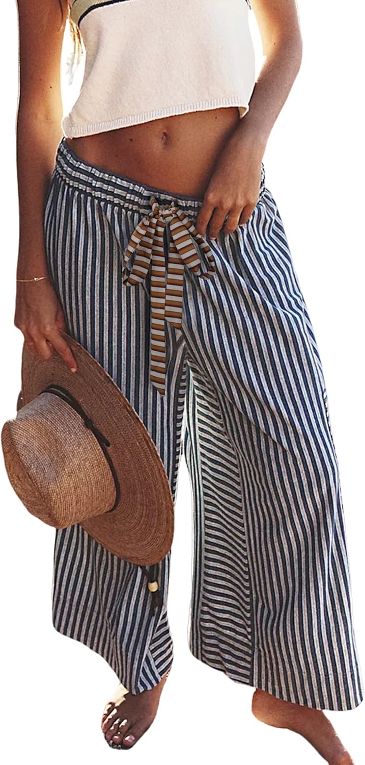 Bankeng Women Drawstring Striped Pants Loose Wide Leg Lounge Pants Casual Palazzo Pants Trousers with Pockets(Blue,M)