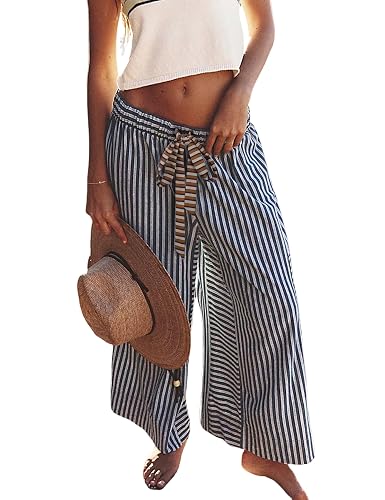 Bankeng Women Drawstring Striped Pants Loose Wide Leg Lounge Pants Casual Palazzo Pants Trousers with Pockets - X-Small - Blue