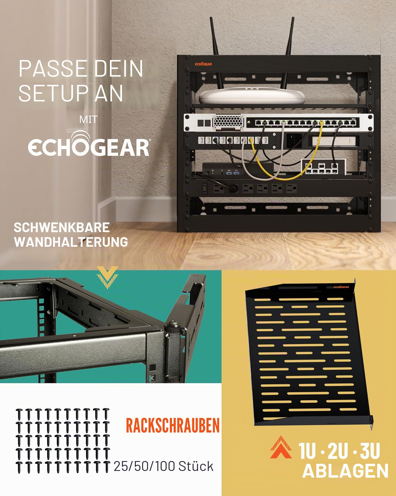 ECHOGEAR 10U Netzwerk-Rack, Wandmontage, Robustes 4-Pfosten-Design für alle Ihre Netzwerk- und AV-Geräte, offenes Rahmen-Design, inklusive 2 belüfteten 1U-Regalen und Montagezubehör