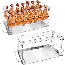 Drumstick Holder-2 Sets Chicken Leg Rack for Grill with Drip Tray, 14 Slots Durable Stainless Steel Drumstick Rack, Drumstick Holder Roaster Stand for Smoker Grill, Oven, BBQ Accessories
